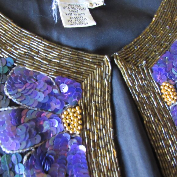 Vintage Evening Sequin Evening Jacket Mod Floral Designer Silk Colorful - Picture 5 of 13